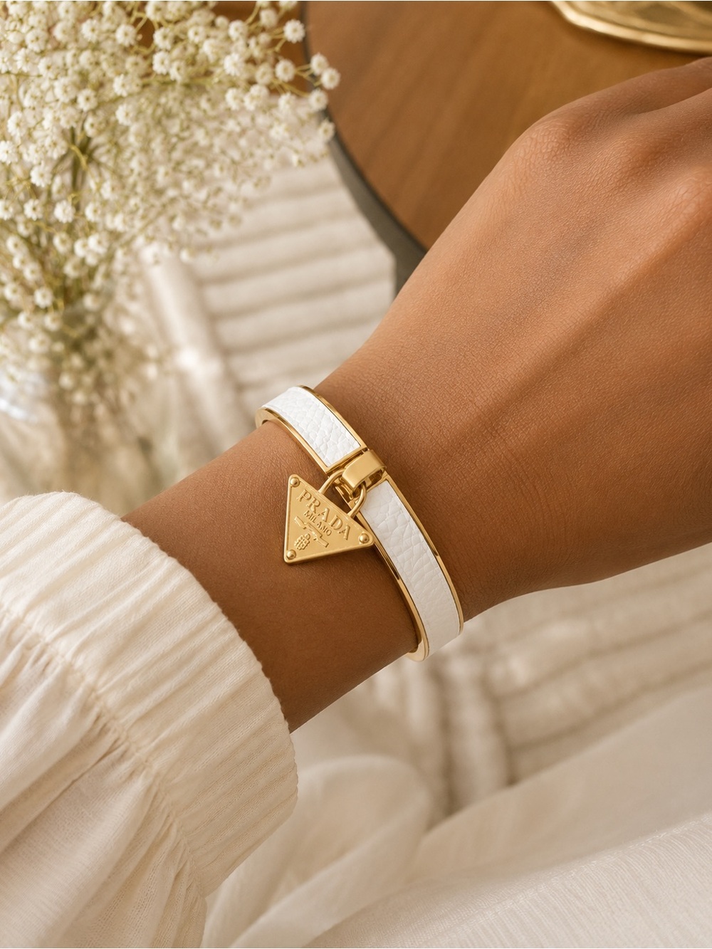 Prada White Leather Double-Wrap Bracelet with Gold Triangle Charm